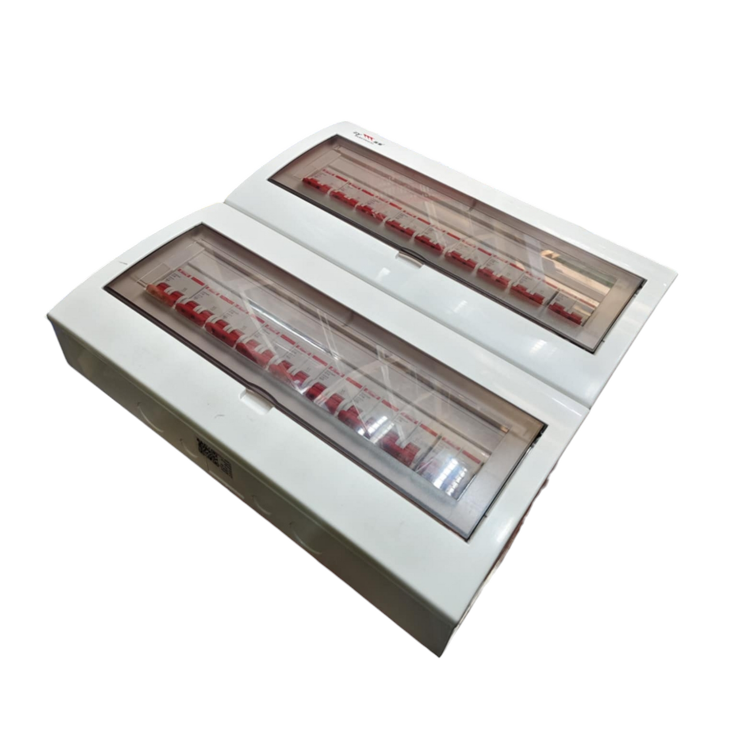 White dual electrical distribution box with transparent covers and red MCBs panel board 50A 2 pole miniature circuit breaker