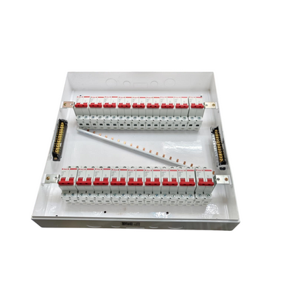 White metal distribution panel with two rows of red switch breakers and busbars panel board 50A 2 pole miniature circuit breaker