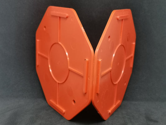 poly junction box cover 4x4 orange plastic octagonal covers with ribbed reinforcement shown as a pair for electrical junctions