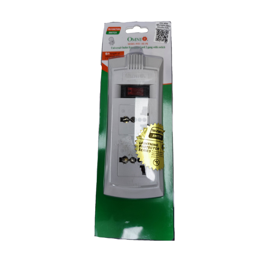 Omni universal power strip with single switch and two plug outlets with lightning protection