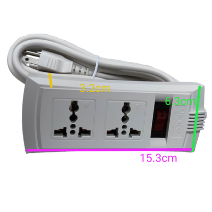 Omni universal power strip with single switch featuring two universal sockets and a white power cord