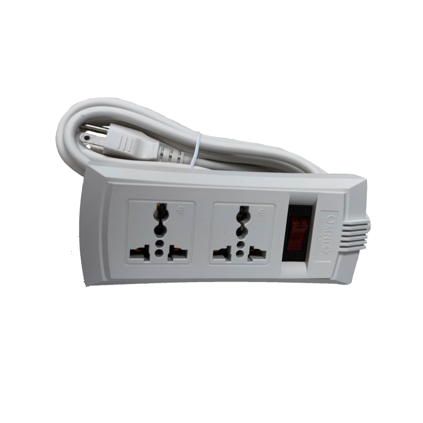 Omni universal power strip with single switch featuring two universal outlets and a long white cord
