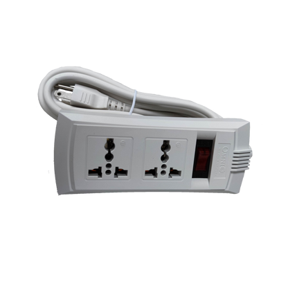 Omni universal power strip with single switch featuring two universal outlets and a long white cord