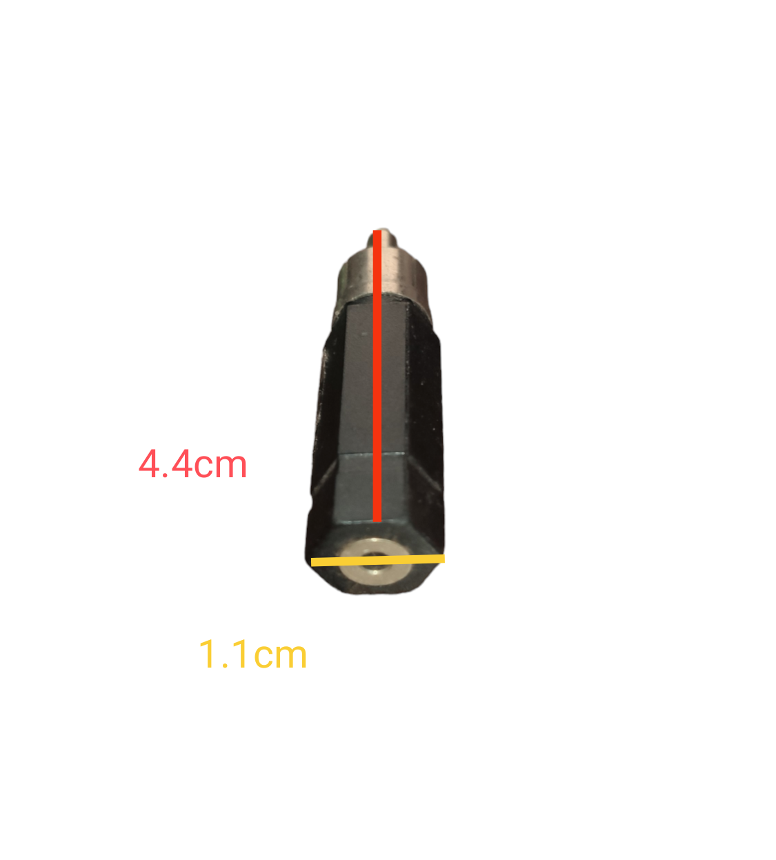 RCA plug to mono adapter black microphone accessory from China showing dimensions 4.4 cm by 1.1 cm