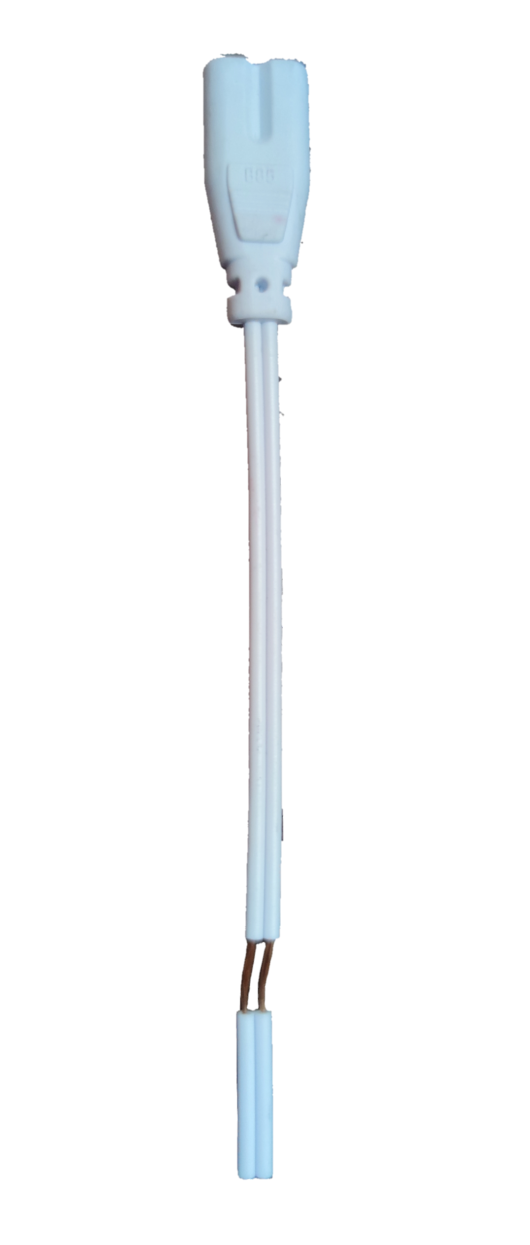 White T-5 AC Connector 2 Pins with short twin white wires and exposed stripped ends for LED lighting