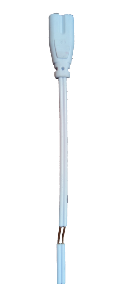 White T-5 AC Connector 2 Pins with short twin white wires and exposed stripped ends for LED lighting