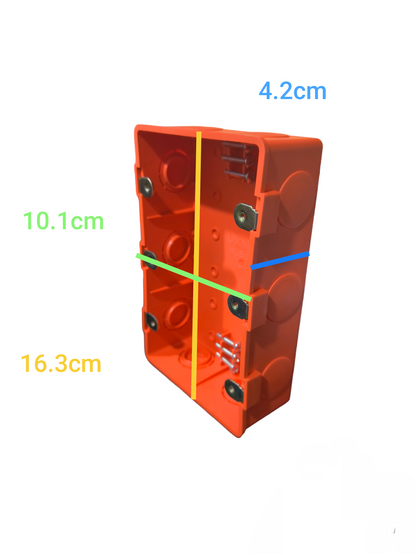 Omni Utility Box for 9 Gang Wiring Devices in orange with dimensions shown