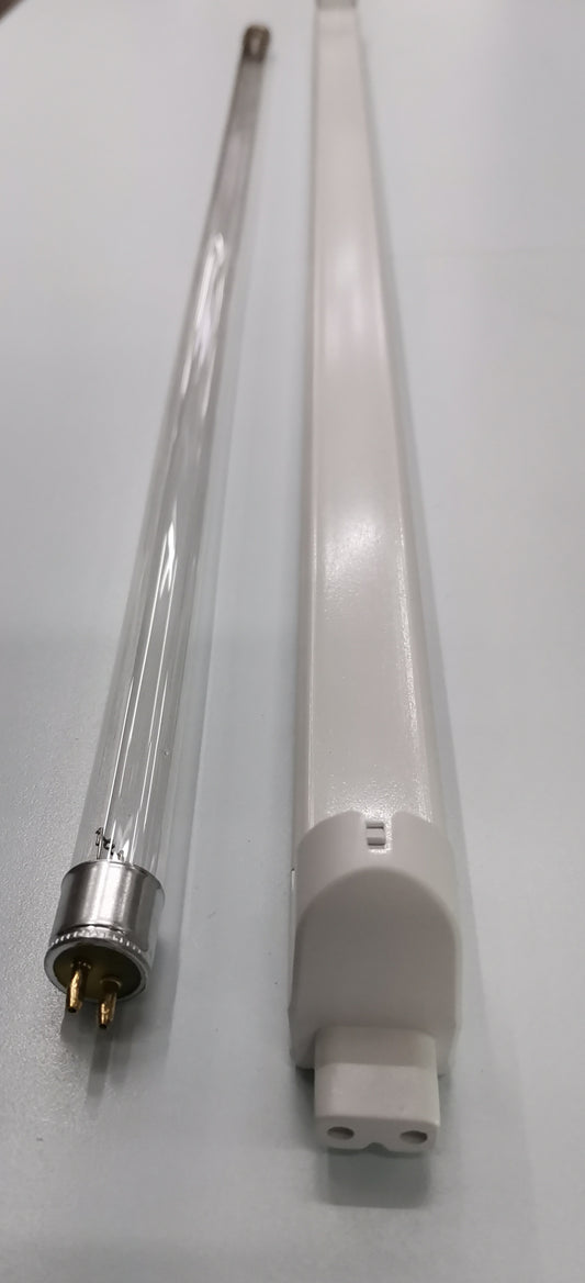 Philips UVC T5 fluorescent lamp 14 watt shown with clear and white casing tubes