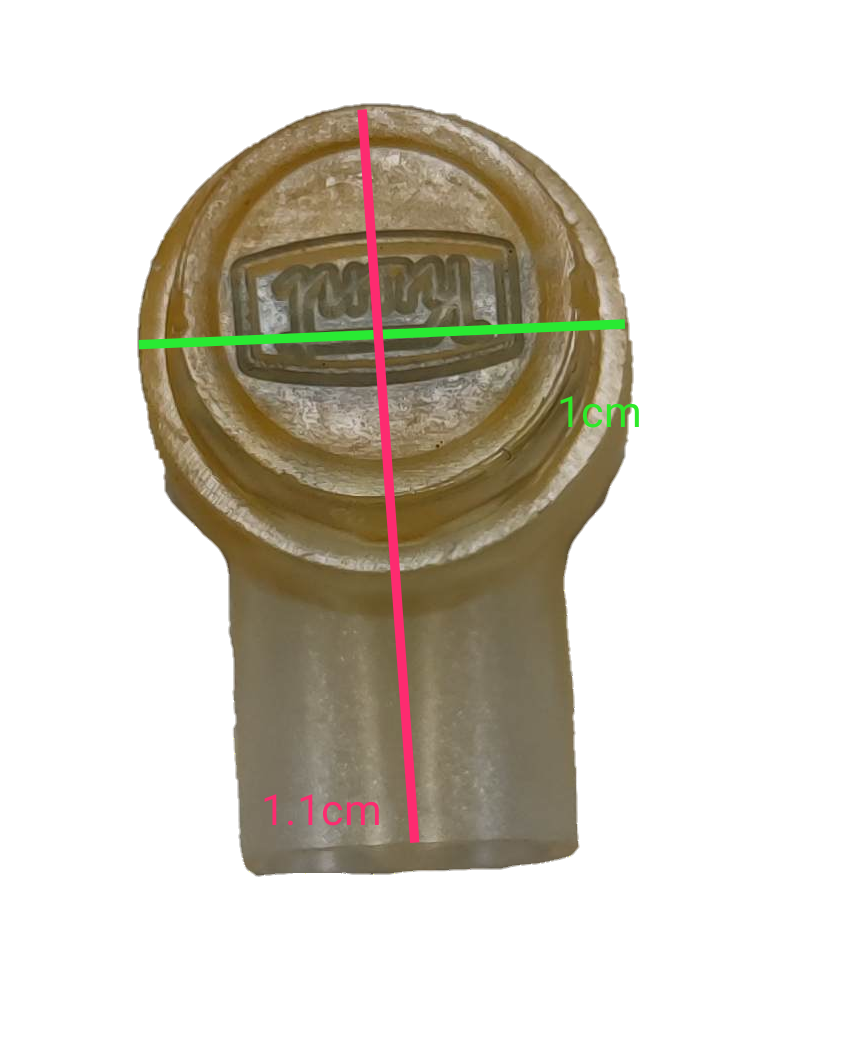 Close-up of a UY Connector Electrical Wire part with measurements showing 1 cm and 1.1 cm dimensions