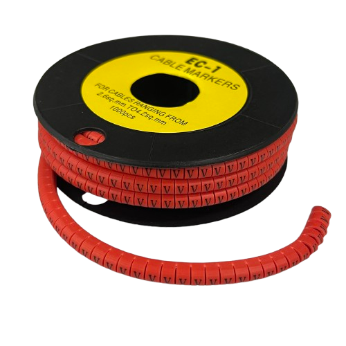 Grippes V Marker Red 2.6mm to 4.2mm cable management markers on a black spool