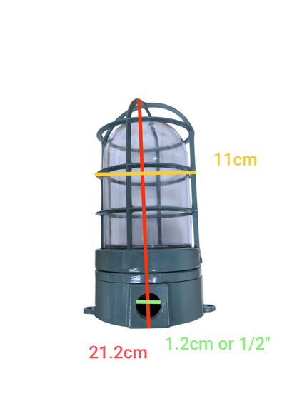 VPL Vapor Lamp E27 with Glass Cover and protective metal cage with detailed measurements