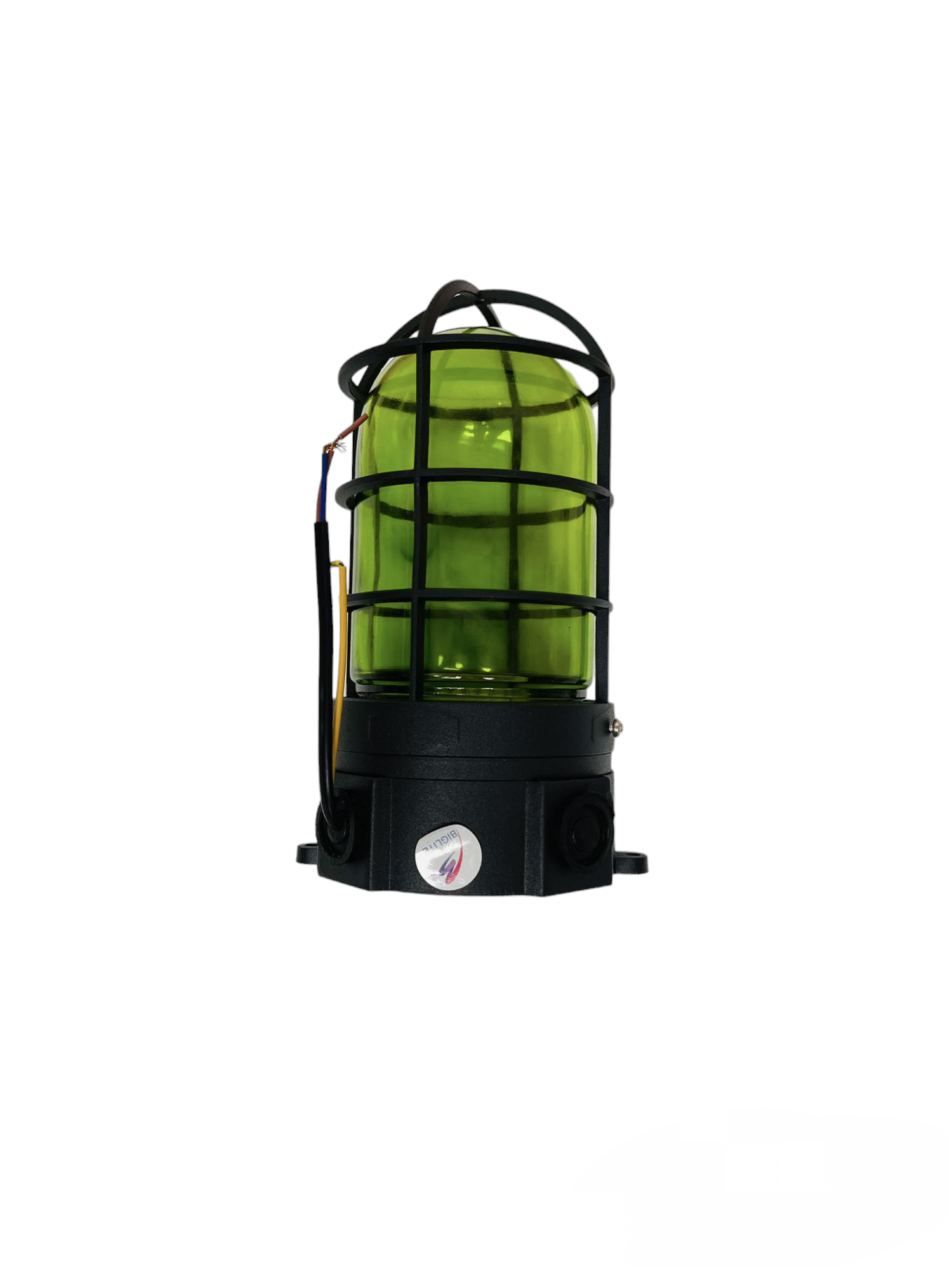Biglite lighting installation vapor lamp fixture green glass with protective black metal cage