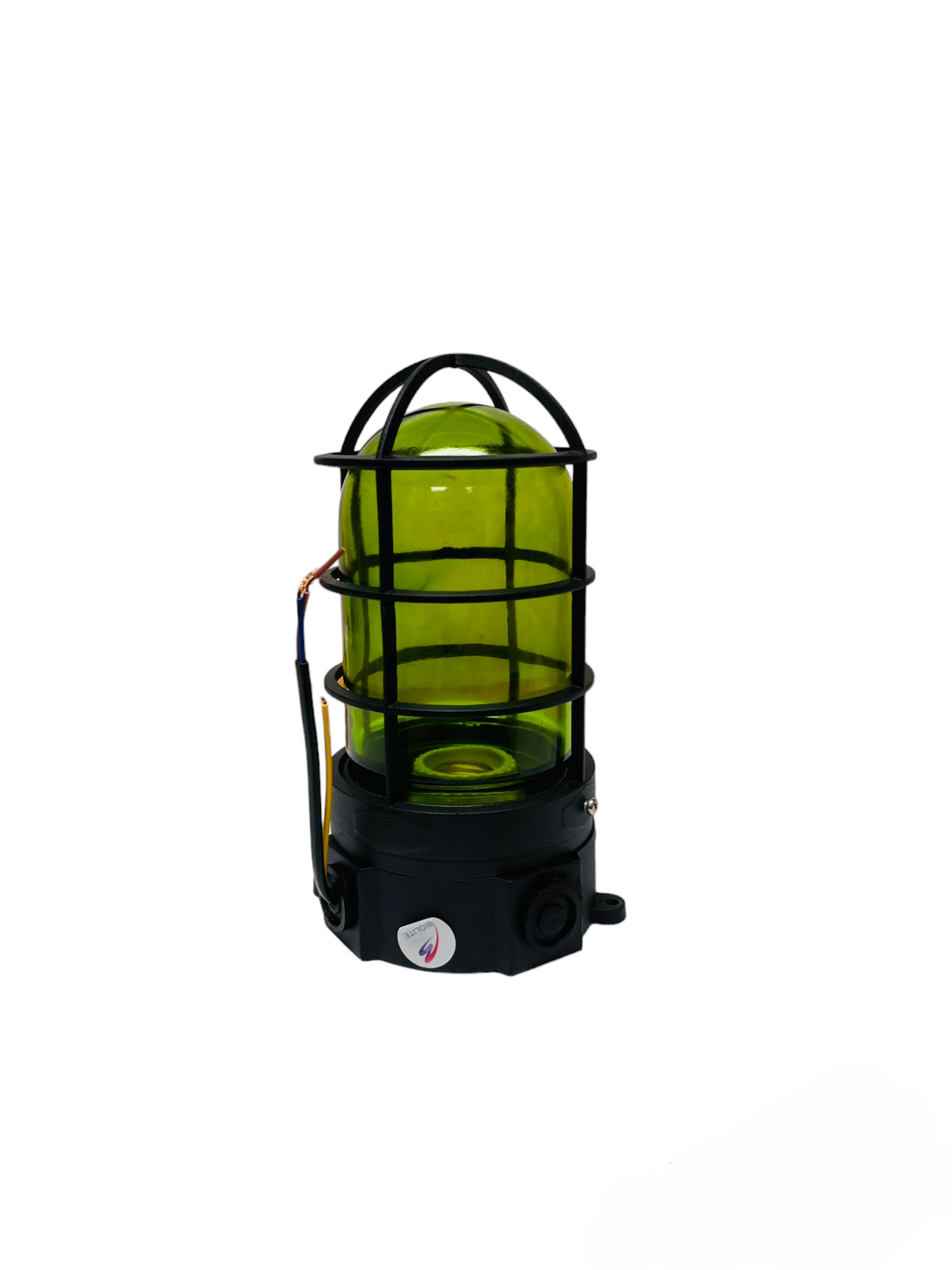 Biglite vapor lamp fixture green glass with protective black metal cage for lighting installation