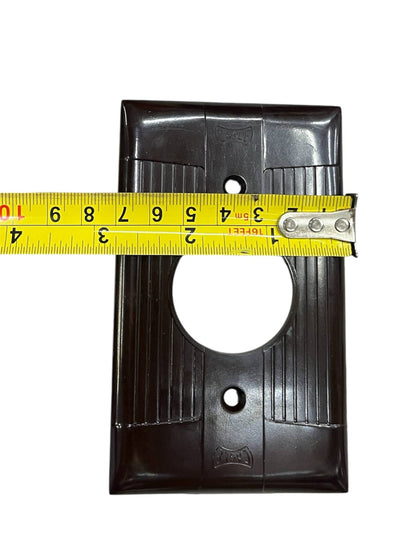 Eagle 1 Gang Round Plate Cover 35mm Brown with measuring tape showing dimensions for power points switches and plugs