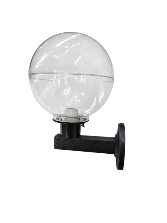 Amco 10 inch globe wall light with clear glass globe and black mounting bracket for lighting installation