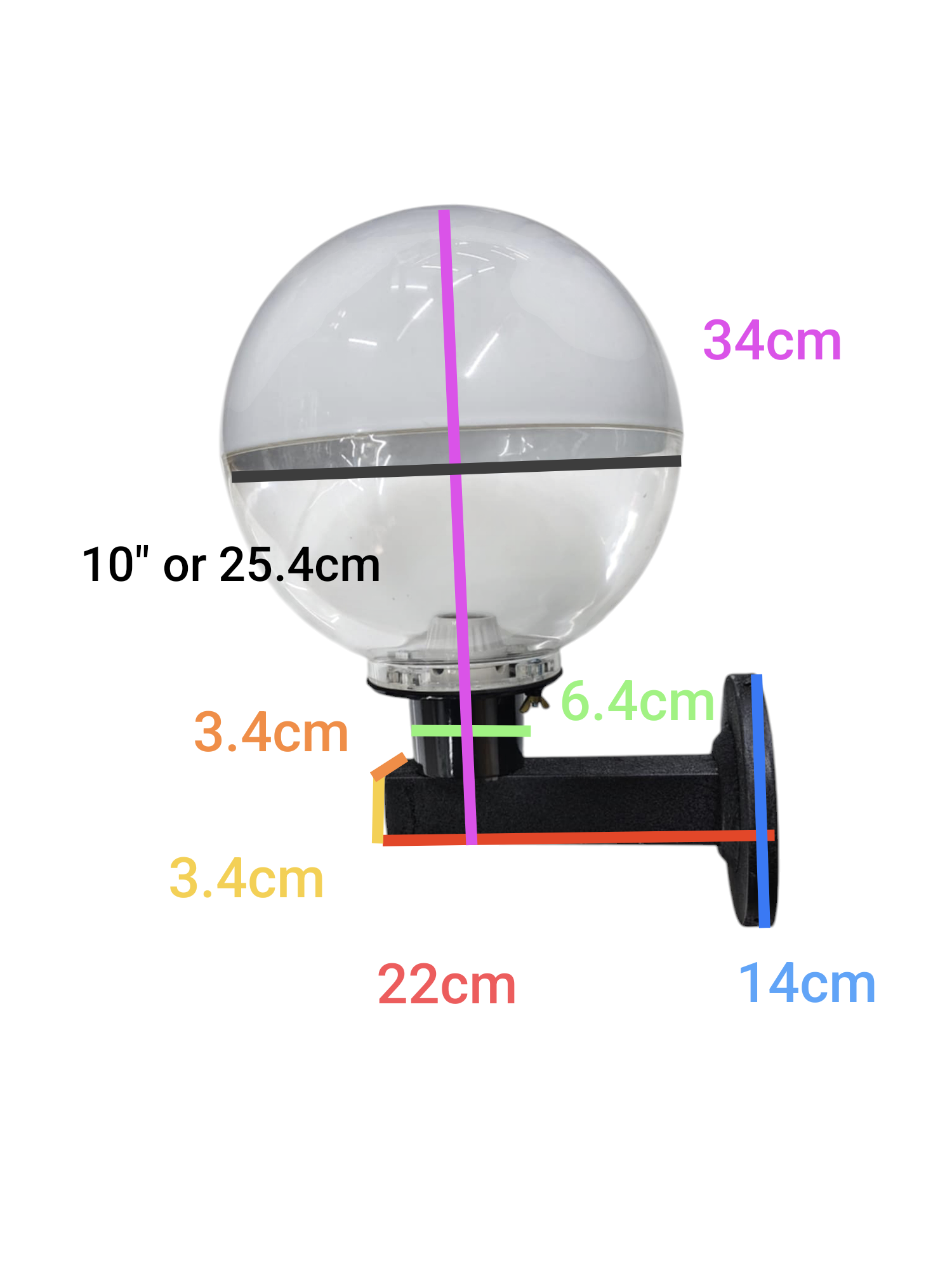 Amco 10 inch globe wall light with clear spherical globe and black mounting bracket showing dimensions