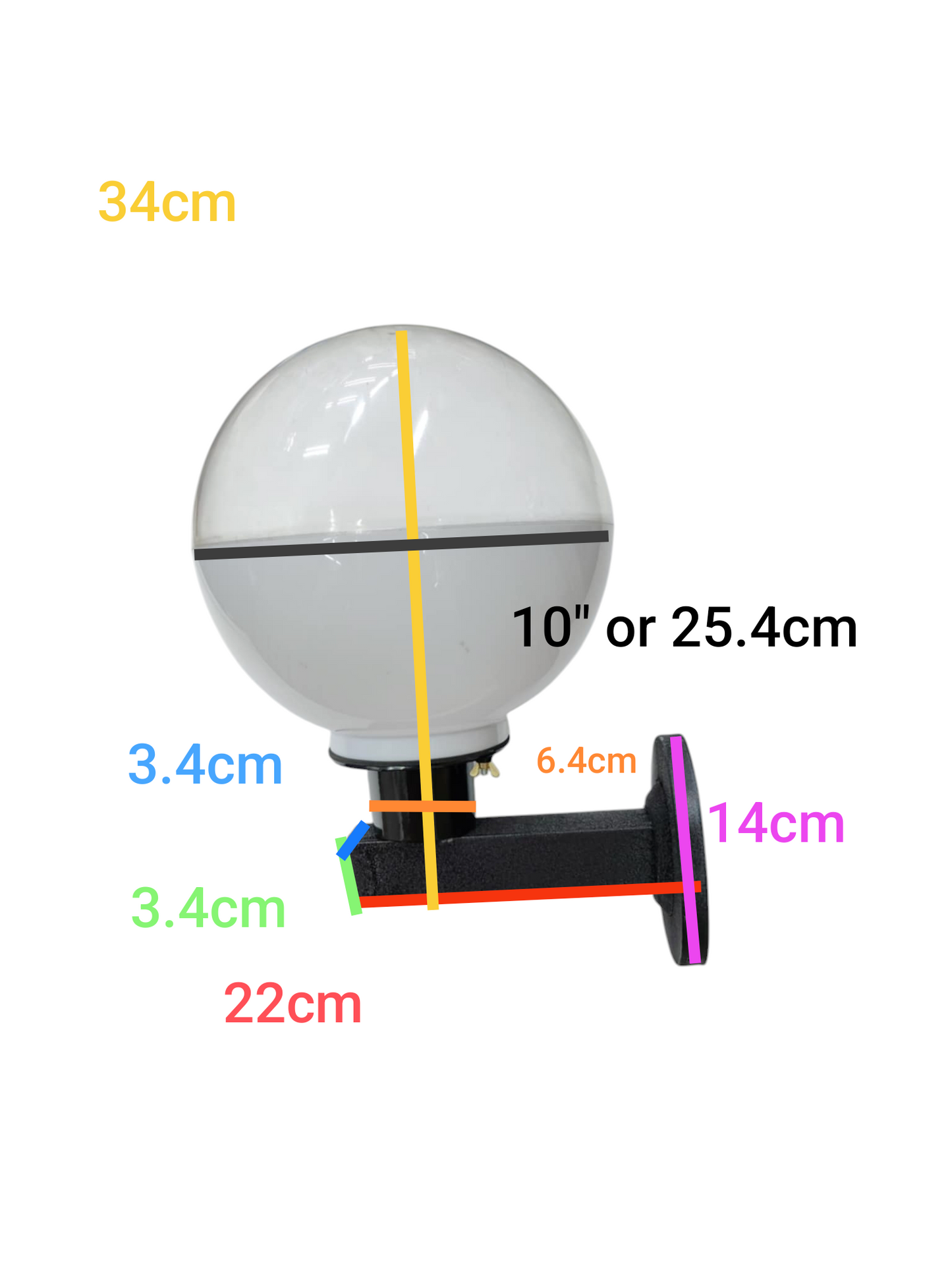 Amco 10 inch globe wall light with clear globe and black metal mounting arm showing dimensions