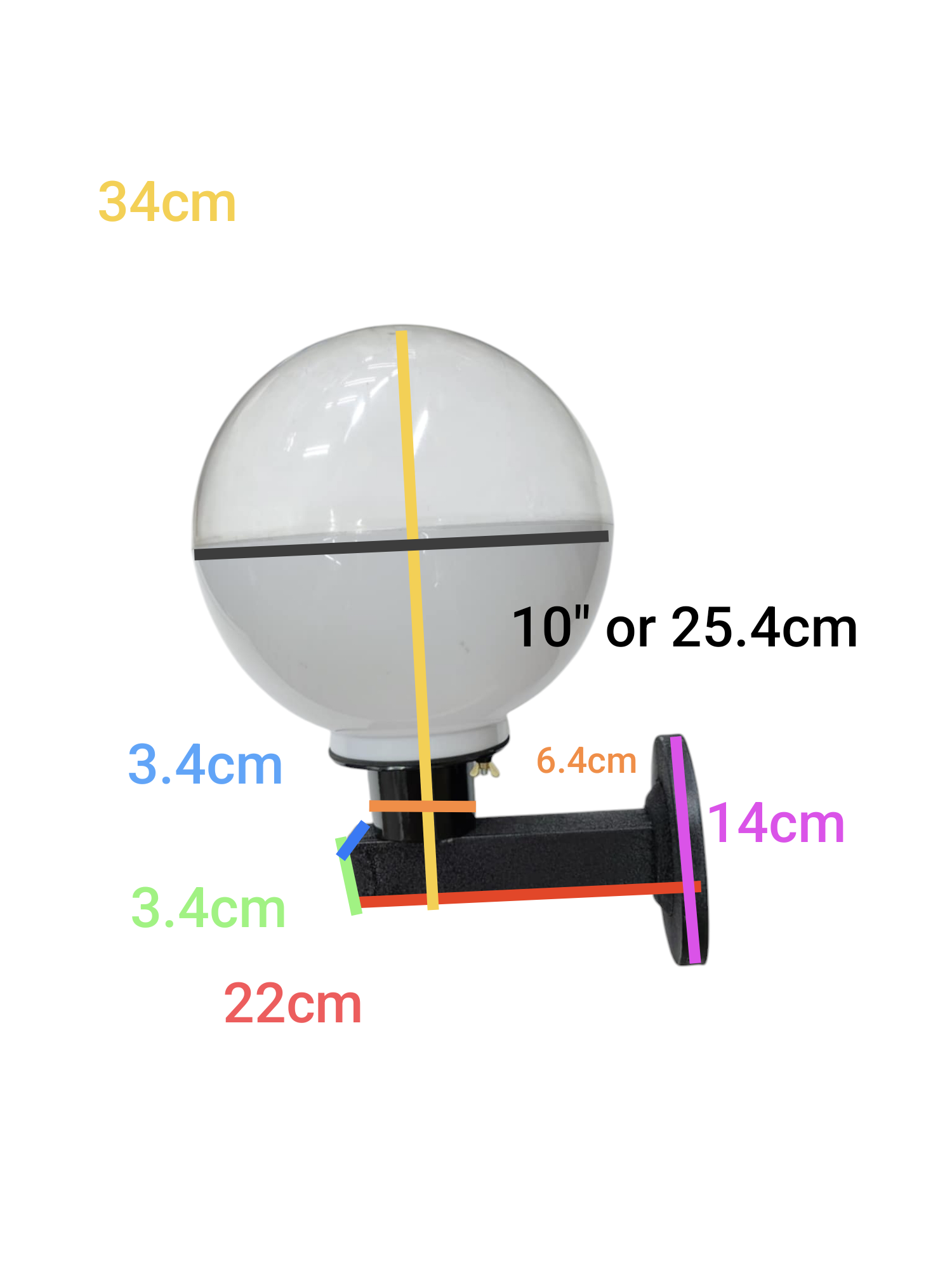 Amco 10 inch globe wall light with clear globe and black metal mounting arm showing dimensions