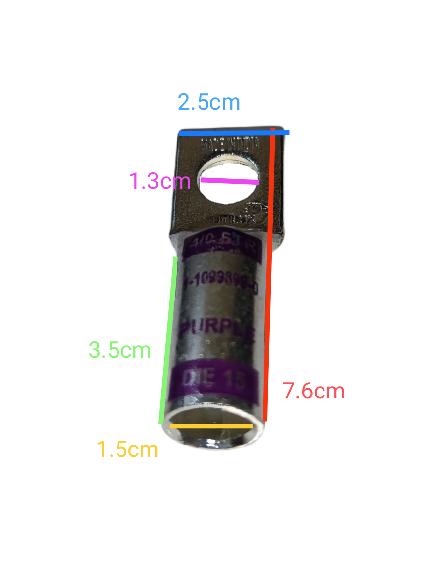 Utilux 100mm Wire Size 1-1099899-0 Terminal Lugs with detailed size measurements in various colors