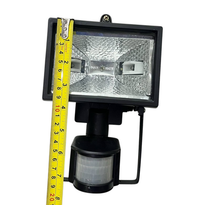 150W halogen flood light with sensor 220V in black casing with motion sensor and measuring tape