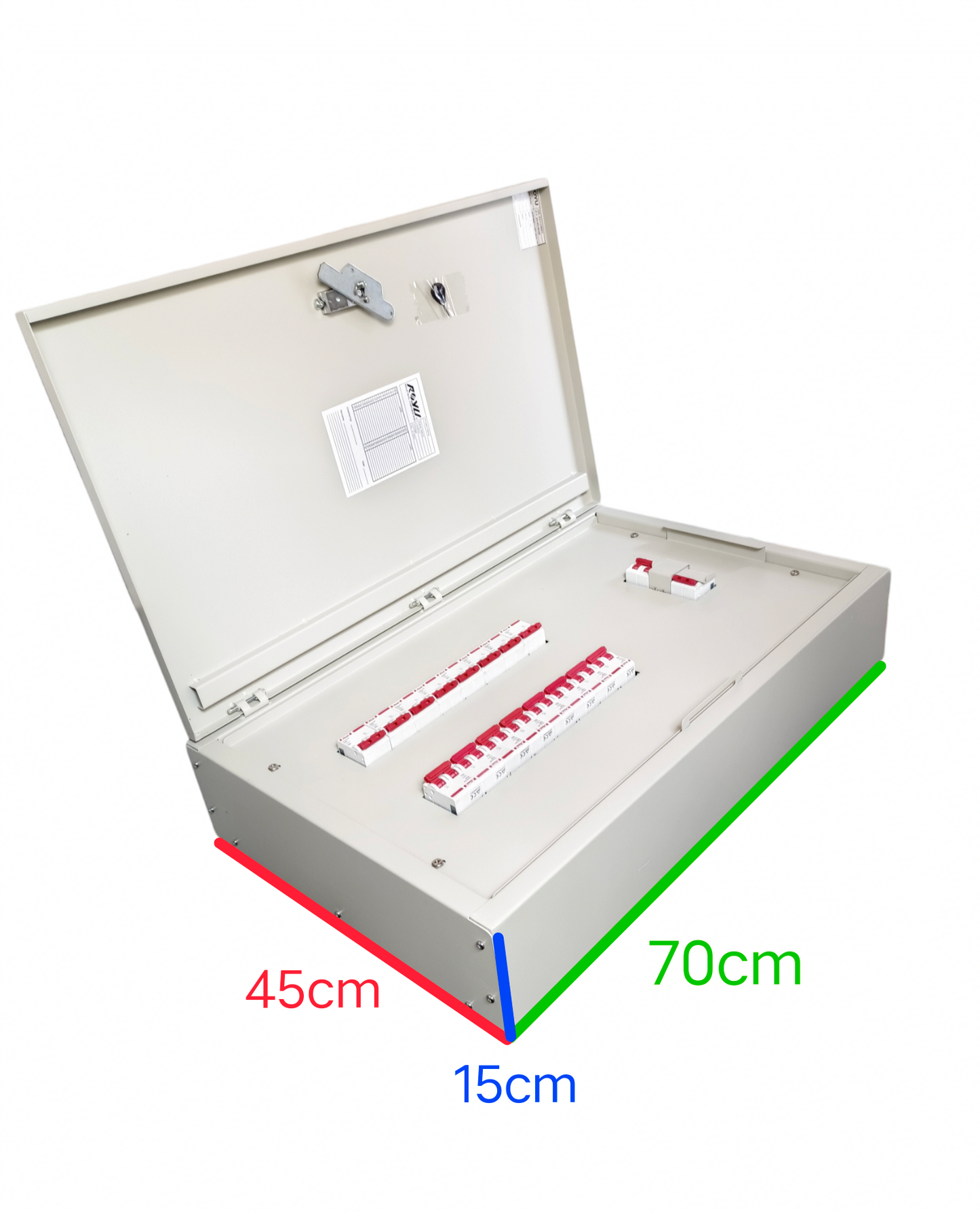 Himel 16 Branches 2pole Circuit Breaker metal enclosure box with open lid and labeled circuit breakers