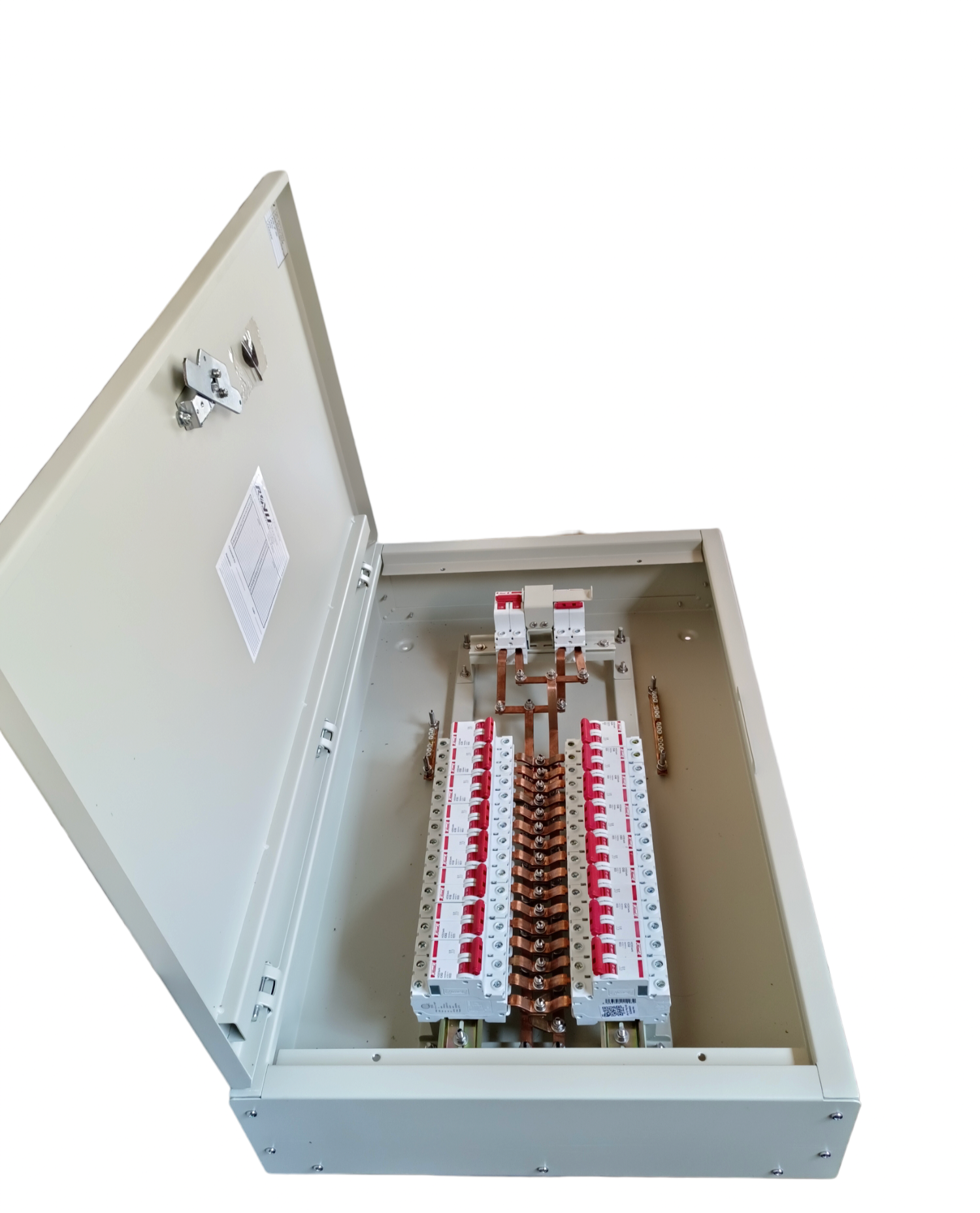 Himel 16 Branches 2pole Circuit Breaker electrical panel with open metal enclosure and red white switches