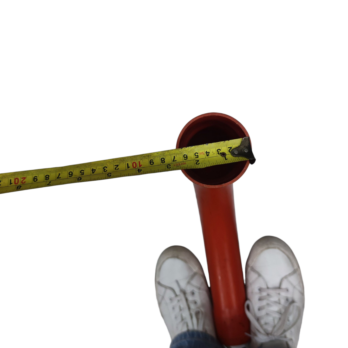 Atlanta 2 Inches PVC Conduit Elbow red top view with tape measure showing diameter and shoes