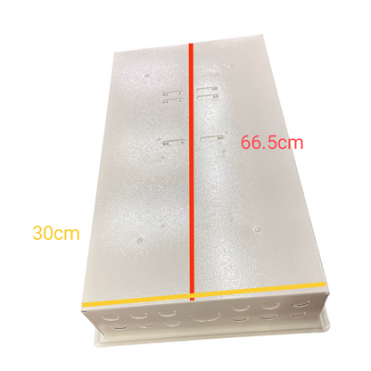 200A panel board with circuit breakers in white metal enclosure measuring 66.5 by 30 cm