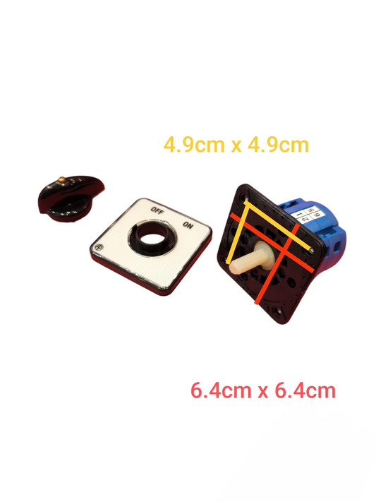 Auspicious 20A 4 pole cam switch disassembled showing knob, faceplate, and switch mechanism with size dimensions