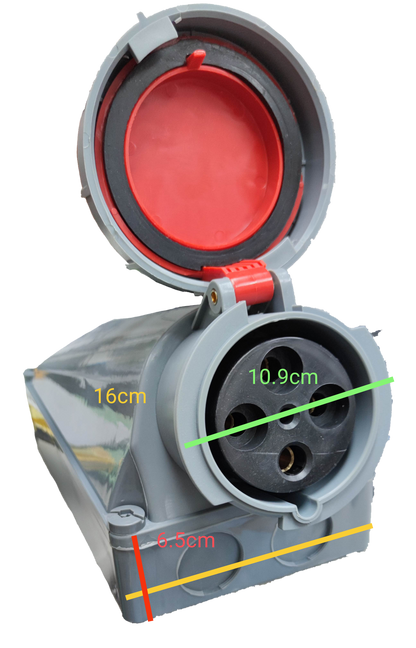 Grippes 3 pin 220V IEC6309-2 outlet with protective red cover and detailed dimensions on black background