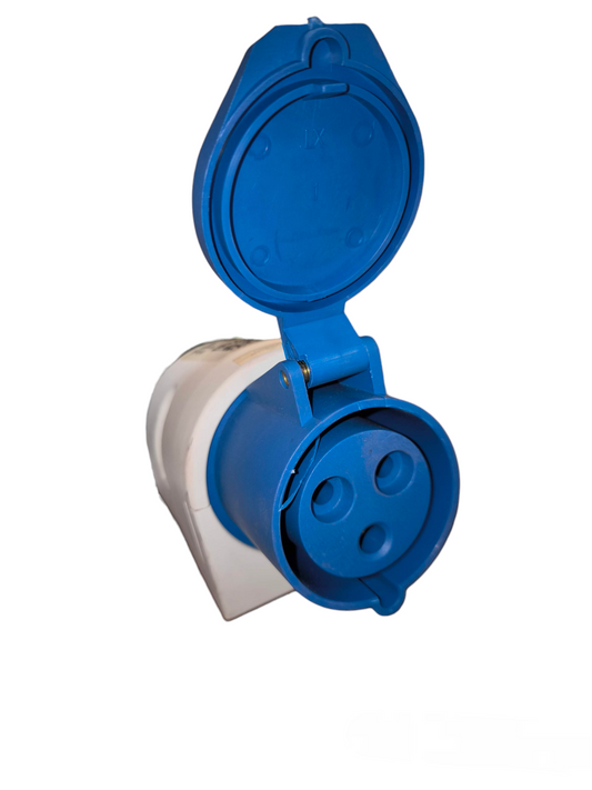 Sassin 3 Pins Industrial Outlet Wall Type with blue protective cover and white base for secure electrical connection