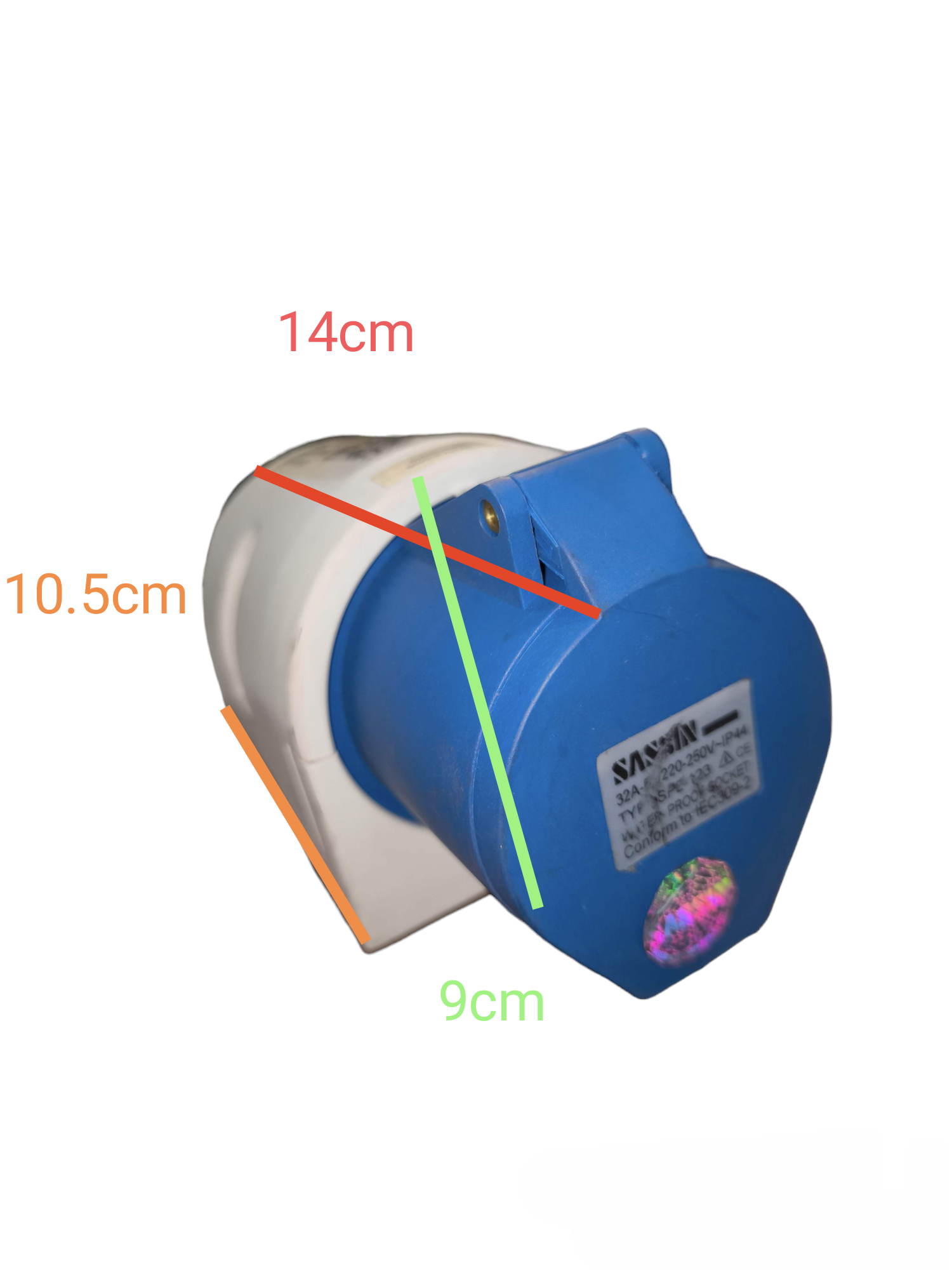 Sassin 3 Pins Industrial Outlet Wall Type blue and white power plug with dimensions