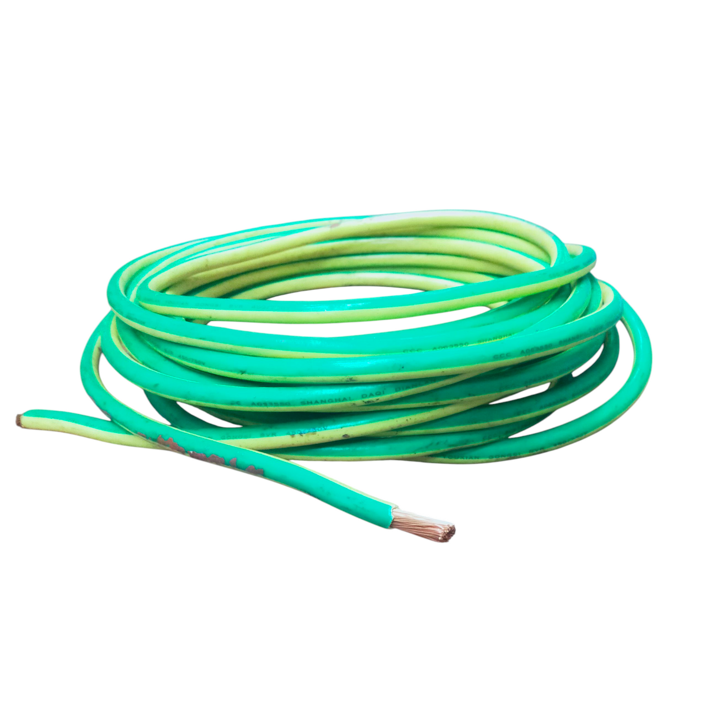 Grippes 35mm Grounding Cable coiled green and yellow wire with exposed copper end