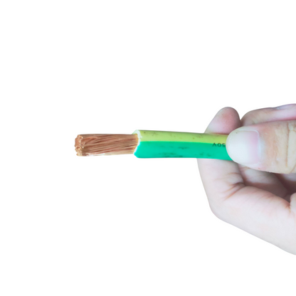 Grippes 50mm Grounding Cable held by hand showing copper wiring and green insulation