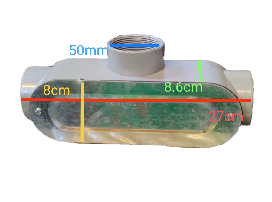 Local Conduit Bodies Threaded Tee Type electrical conduit part with dimensional markings on black background