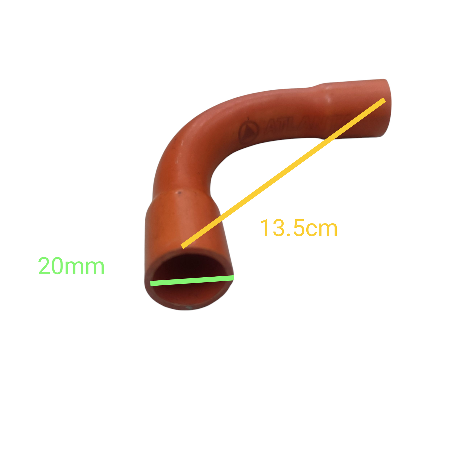 Atlanta Conduit Elbow for Electrical Wiring 20mm in orange with 90-degree bend and dimensions