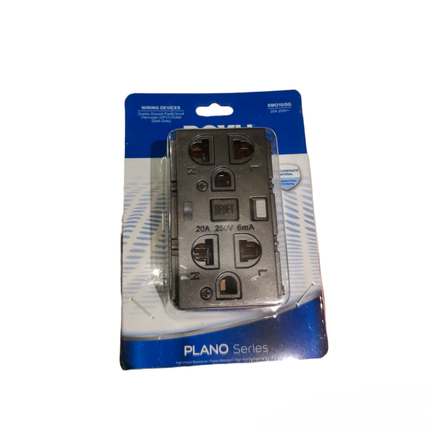 Royu GFCI Duplex Universal Outlet 20A 220V in Plano Series packaging with safety reset and test buttons