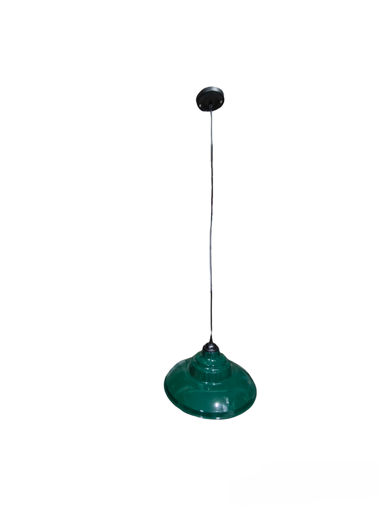 Amco Biglite green industrial pendant light fixture with metal shade and black ceiling mount