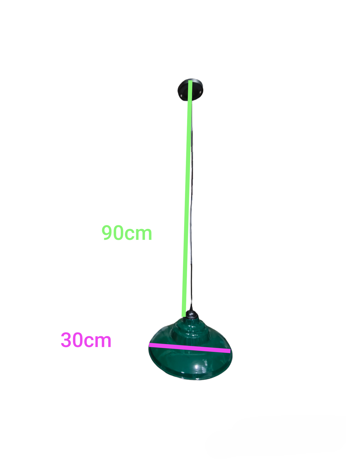 Amco Biglite industrial pendant light fixture with green dome shade and adjustable 90cm drop length