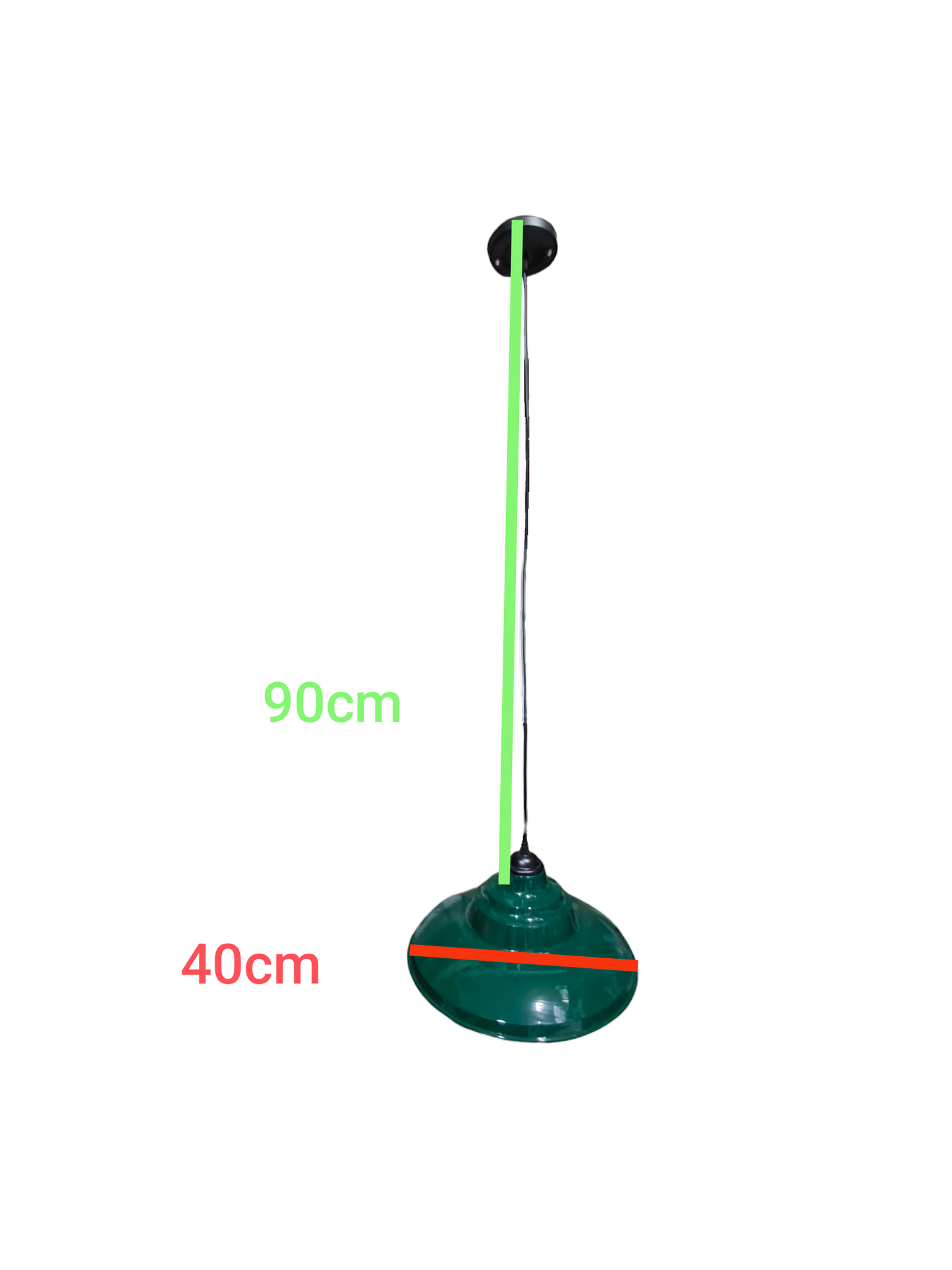 Amco Biglite green industrial pendant light fixture with 90cm drop and 40cm shade diameter