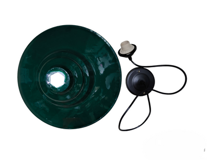 Amco Biglite industrial pendant light fixture with dark green metal shade and black wiring