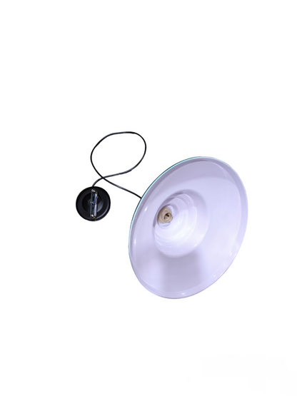 Amco & Biglite white industrial pendant light fixture with a wide metal shade and exposed bulb