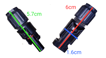 ZwitseRise MC4 Connector 1x1 IP67 showing electrical circuitry parts with size measurements