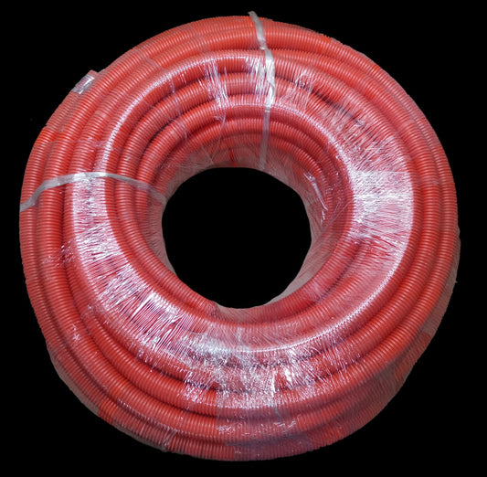 Poly brand orange flexible hose coiled and wrapped in plastic for electrical circuitry and parts