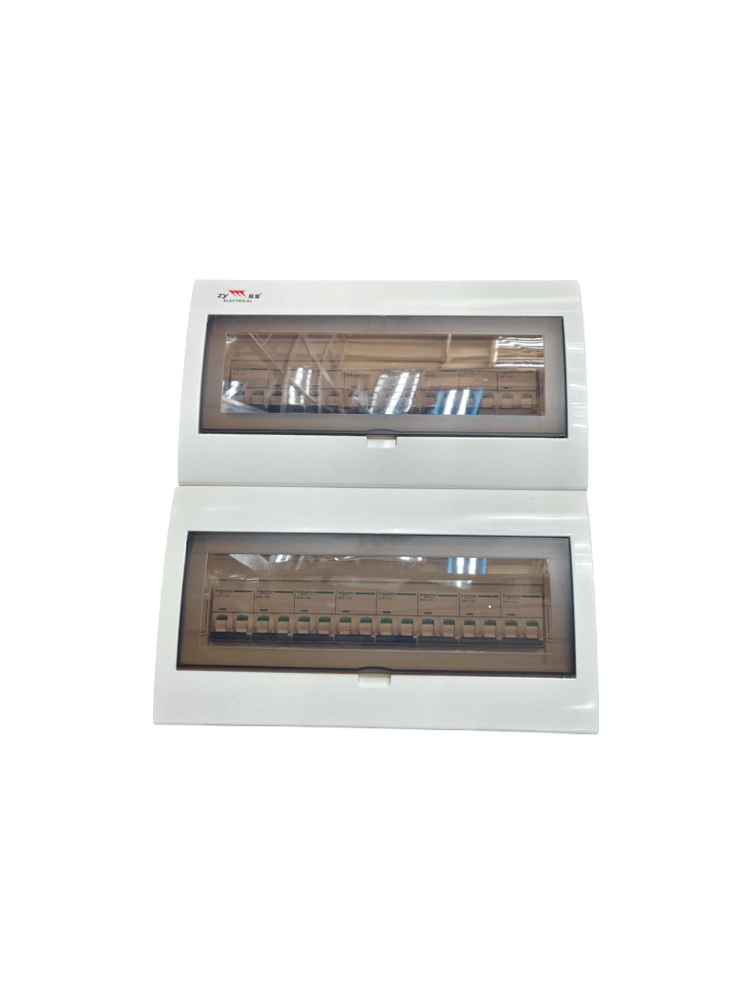 Schneider ZY Panel Board 50A 2 Pole Main Miniature electrical circuitry with transparent covers