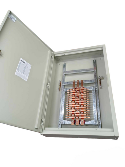 Schneider and Royu Panel Board For EZC250 Main 3 Pole with metal copper busbars inside an open gray electrical enclosure