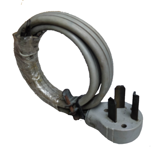 Power Cord L Type Ground with 2 Slant plug connected to a white electrical wire coil