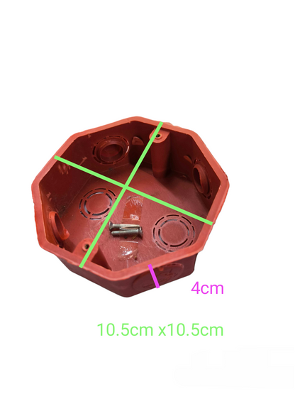 Elephant PVC 4x4 electrical junction box in red with measurements and mounting screws