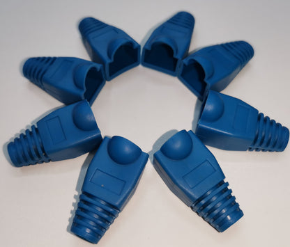 Blue Rubber BooT RJ45 Grippes arranged in a circle for Ethernet cable protection and durability