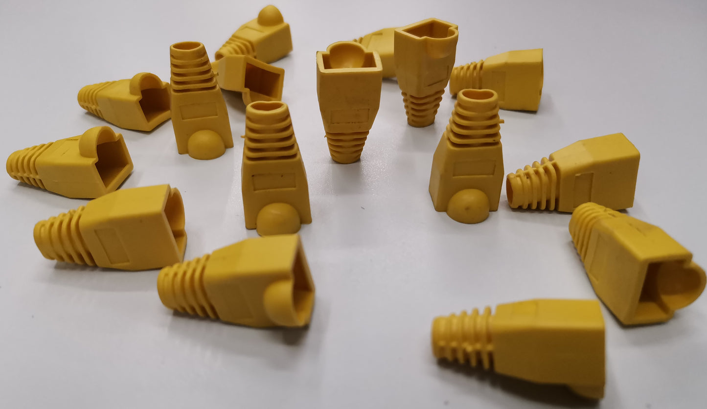 Yellow Rubber BooT RJ45 Grippes protecting Ethernet cable connectors for electrical circuitry